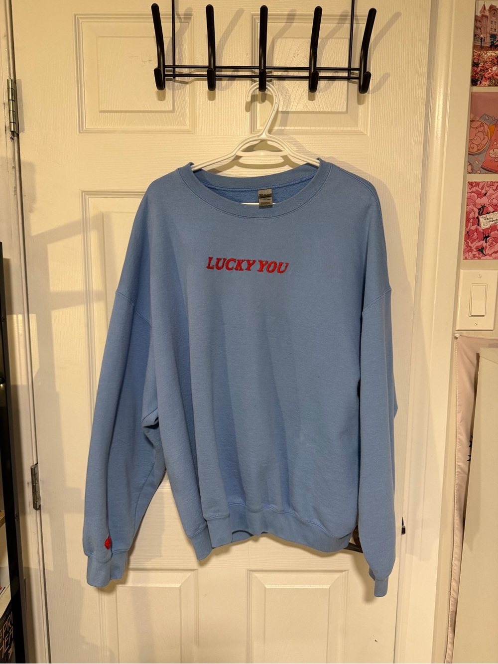 Gildan Light Blue Crewneck Sweatshirt with Red "LUCKY YOU" Embroidery